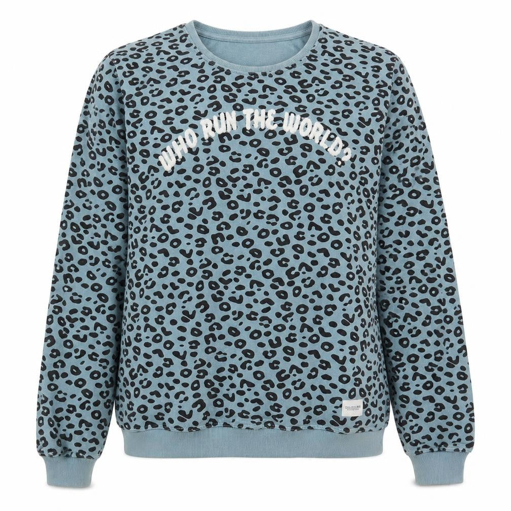 Colour Rebel Womens Blue Animal Print Cotton Pullover Sweatshirt Size L Pullover - Who run the world? Girls Leopard Print