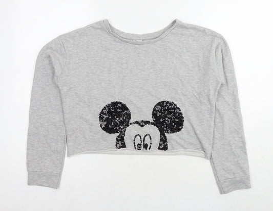 Disney Womens Grey Cotton Pullover Sweatshirt Size 10 Pullover - Mickey Mouse Cropped