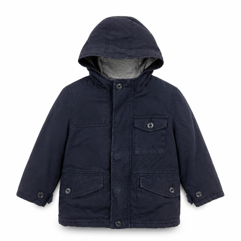 Front view of Gap boys’ blue parka jacket, size 3, years zip - detachable fleece