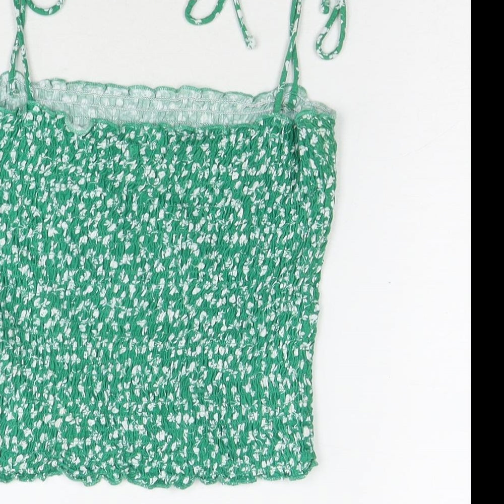 Stradivarius Womens Green Floral Cotton Basic Tank Size M Sweetheart