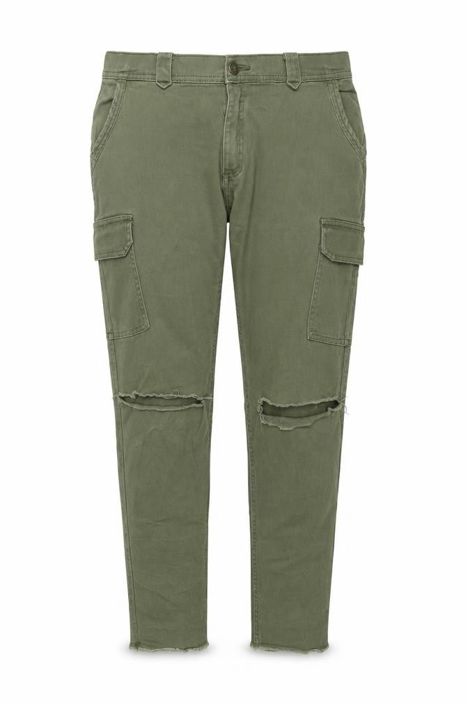 Front view of Atmosphere women’s green cotton skinny jeans, size UK 12, 27-inch leg regular zip - cargo style