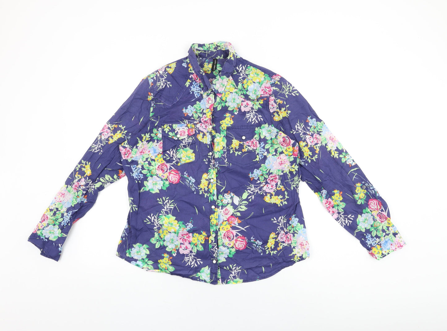 Marks and Spencer Womens Blue Floral Cotton Basic Button-Up Size 12 Collared