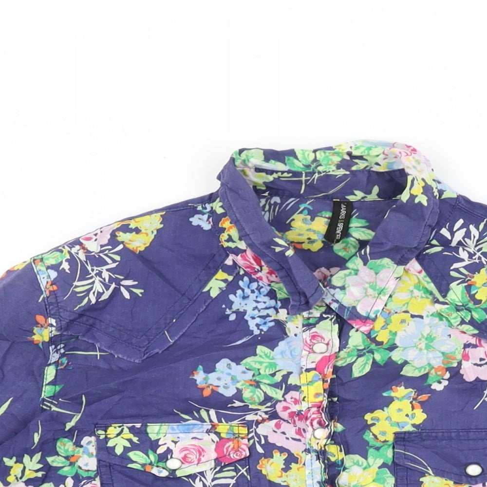 Marks and Spencer Womens Blue Floral Cotton Basic Button-Up Size 12 Collared