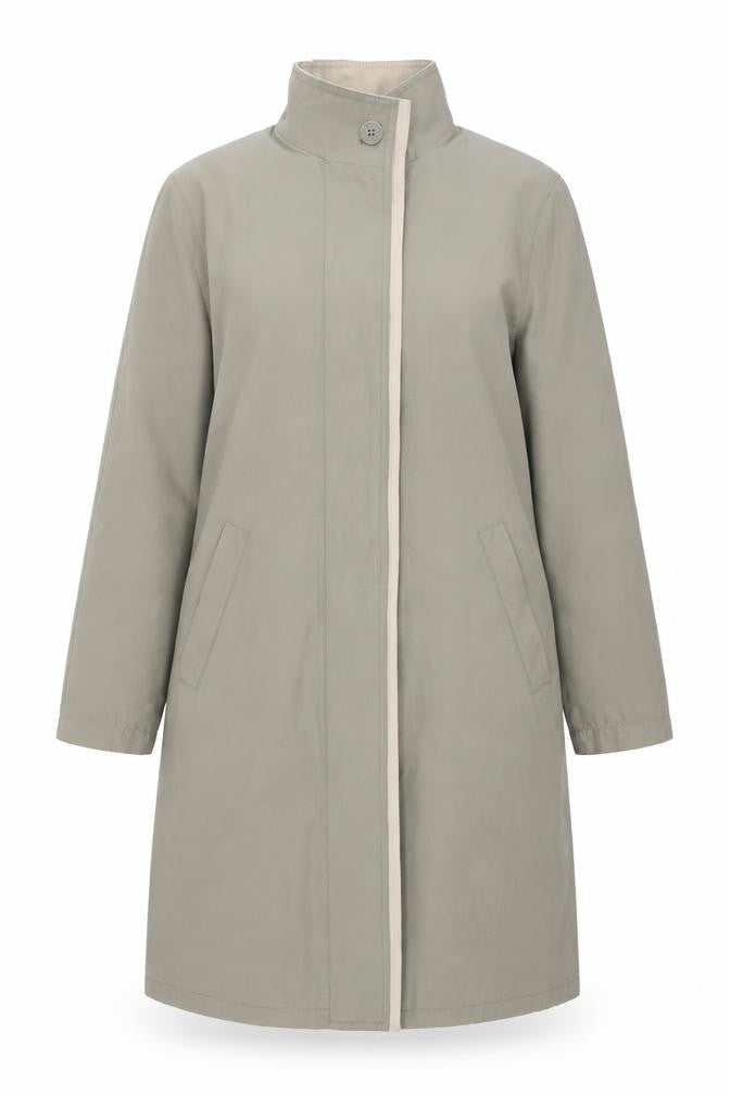 Front view of NuAge women’s beige overcoat coat, size UK 8, button