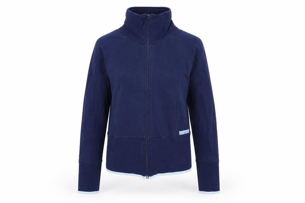 Front view of ELLE women’s blue cotton full zip sweatshirt, size L, zip