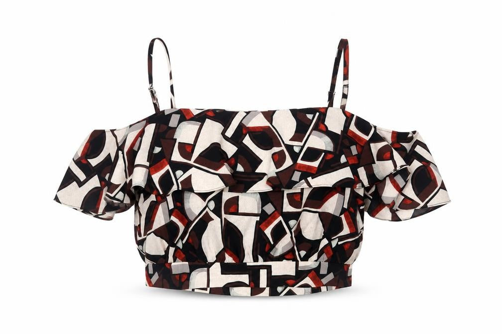 River Island Womens Brown Geometric Polyester Cropped Tank Size 12 Off the Shoulder - Ruffle