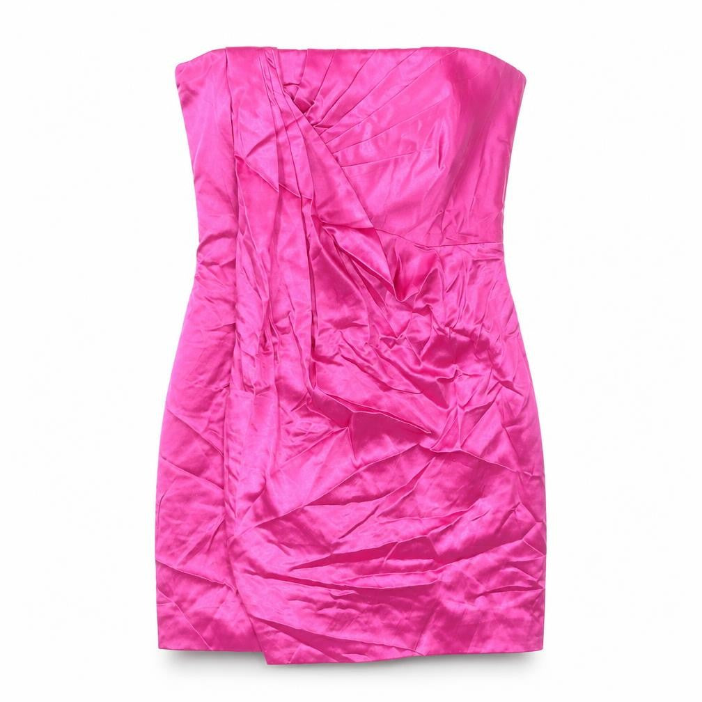 Front view of BCBGMAXAZRIA women’s pink silk mini, size UK 4, off the shoulder zip