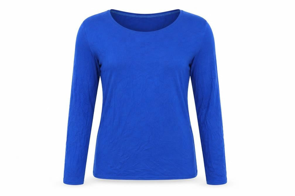 Front view of Autograph women’s blue modal basic t-shirt, size UK 10, crew neck