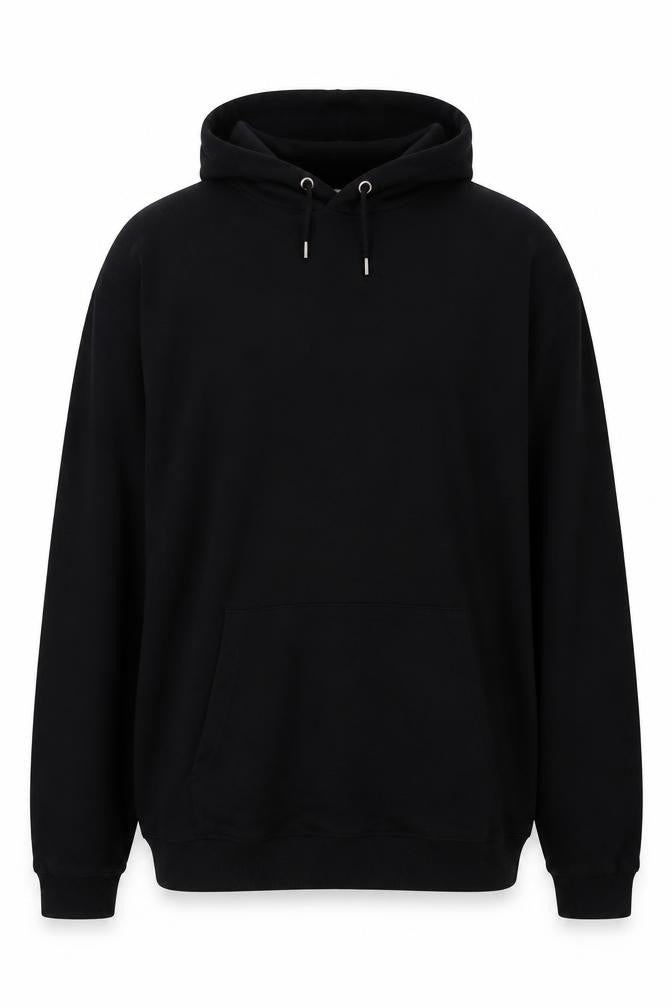 Front view of ASOS men’s black cotton pullover hoodie, size 2XL