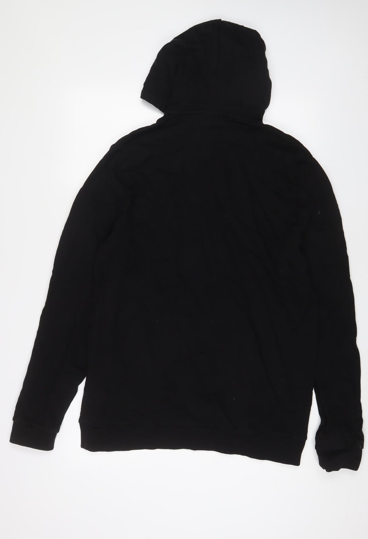 Back view of ASOS men’s black cotton pullover hoodie, size 2XL
