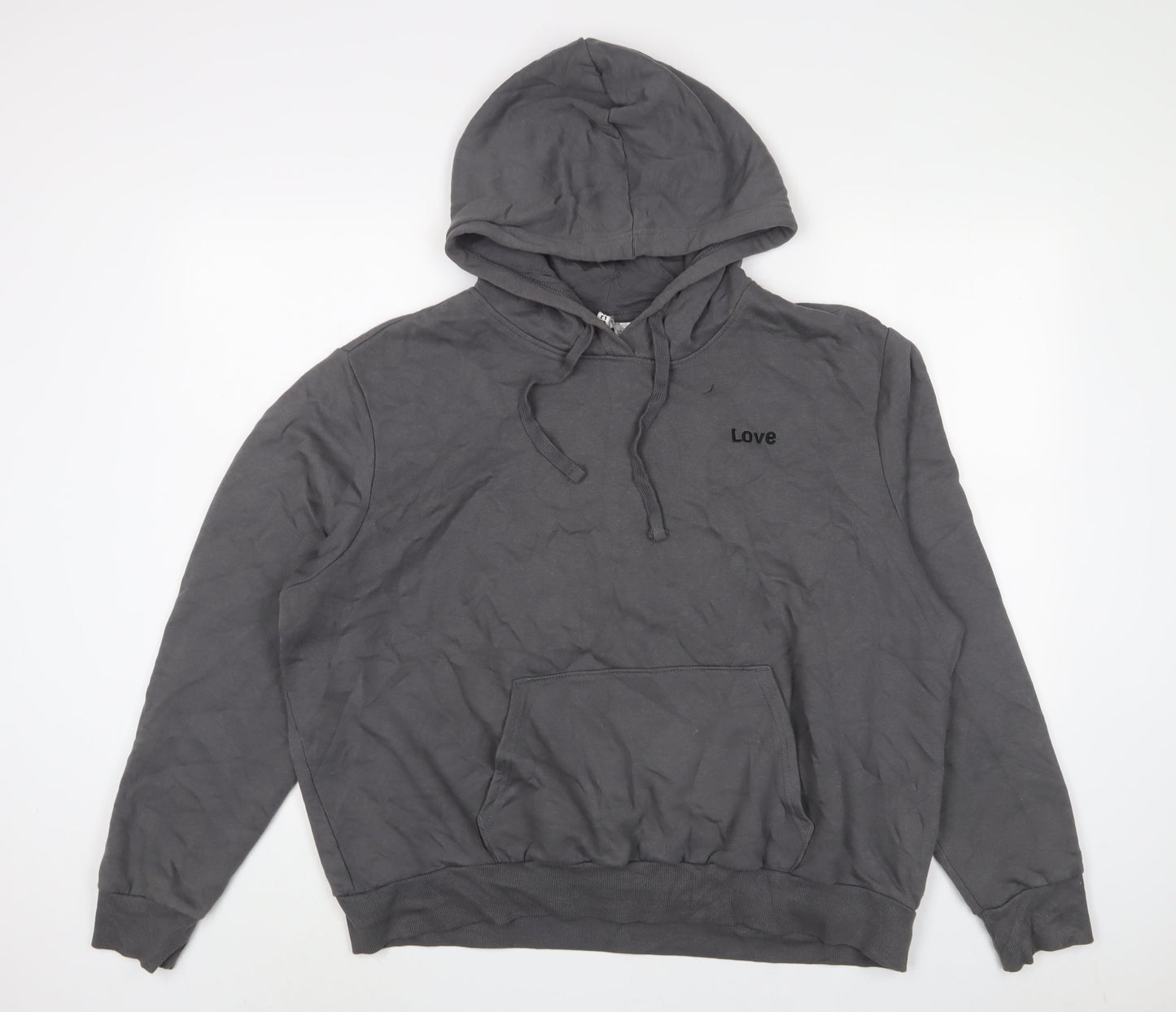 H&M Womens Grey Cotton Pullover Hoodie Size L Pullover - Love, Embroidered