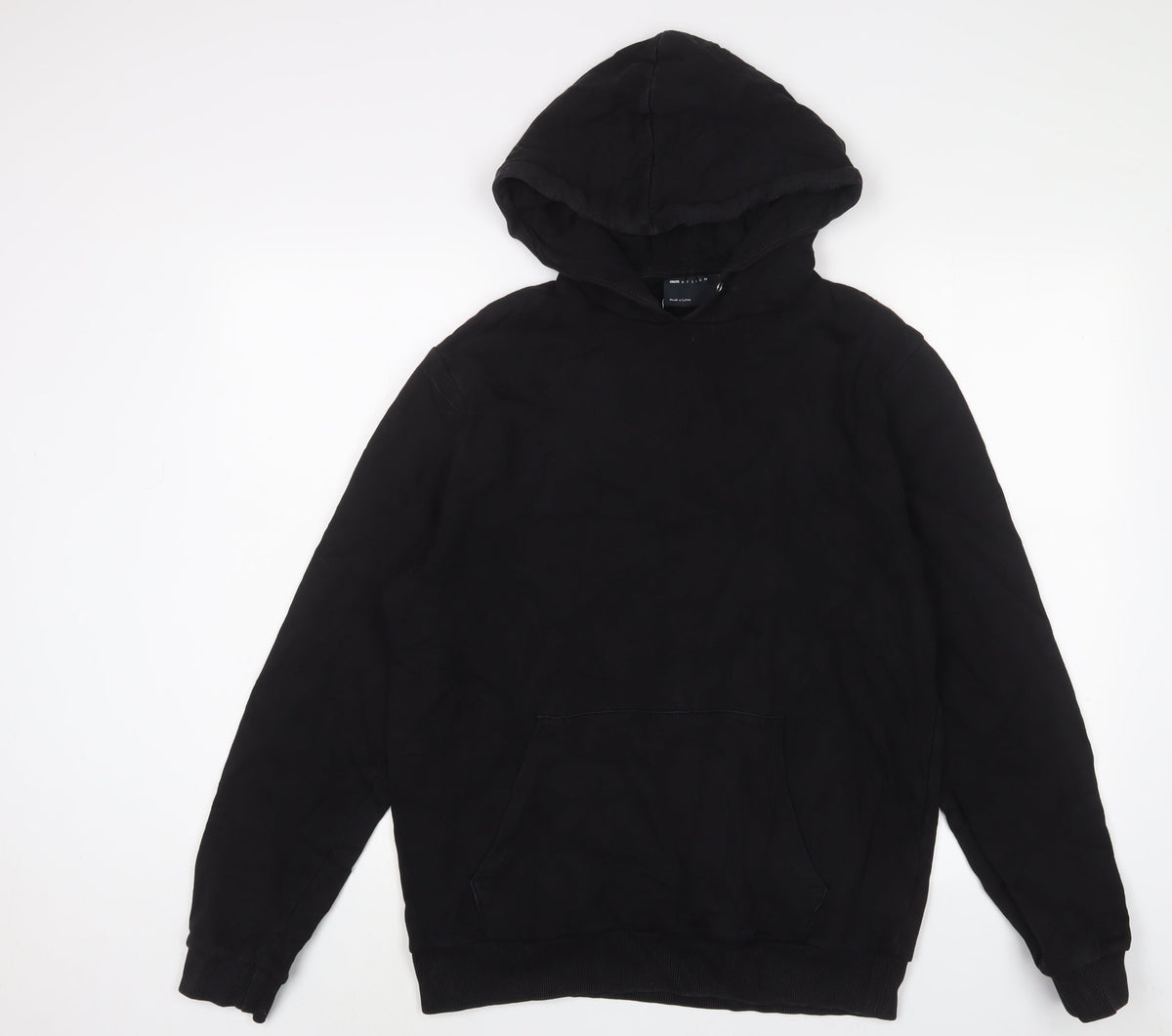 Additional front view of ASOS men’s black cotton pullover hoodie, size L