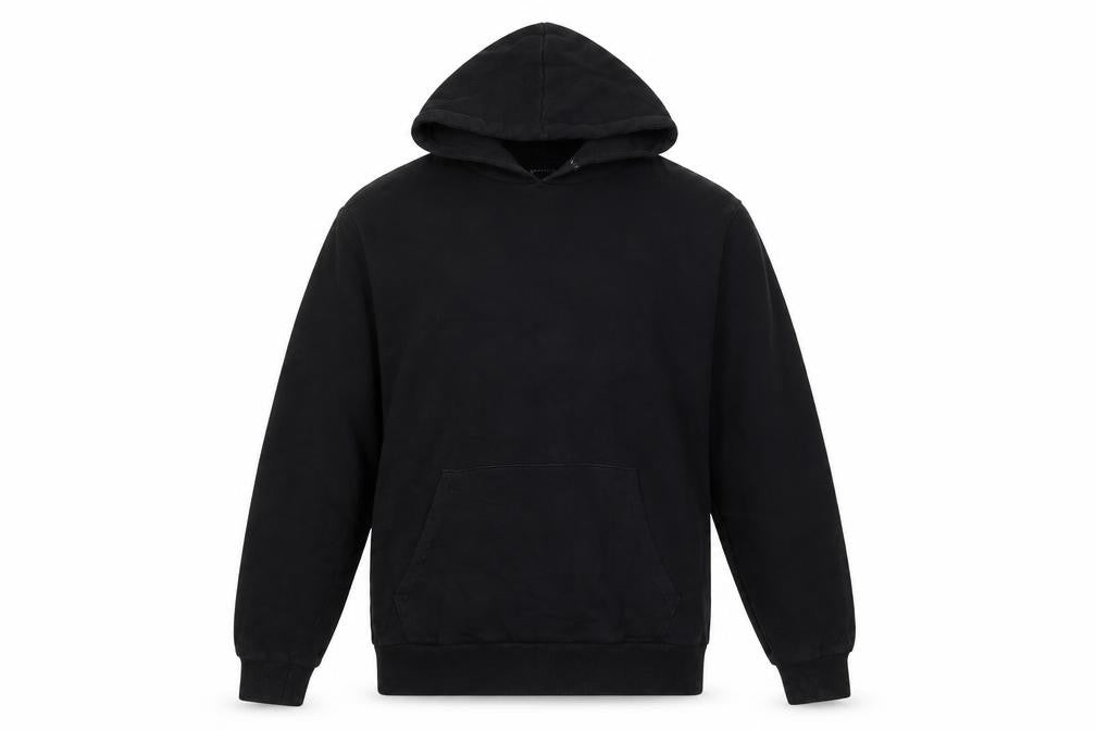 Front view of ASOS men’s black cotton pullover hoodie, size L
