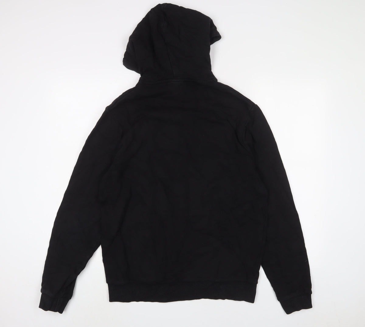 Back view of ASOS men’s black cotton pullover hoodie, size L