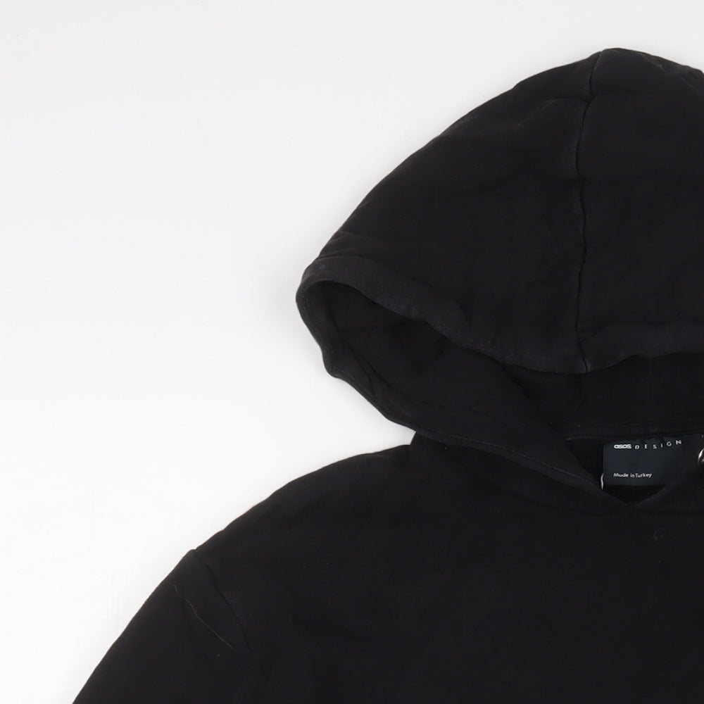 Close-up detail of ASOS men’s black cotton pullover hoodie, size L