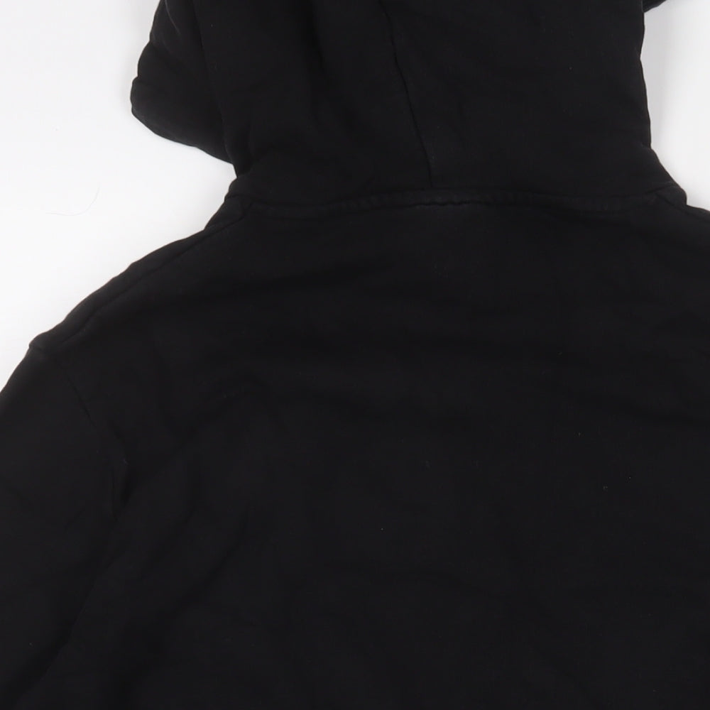 Brand and care label for ASOS men’s black cotton pullover hoodie, size L
