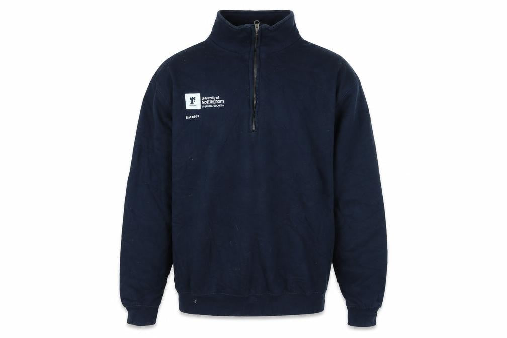 Front view of Just Hoods men’s black polyester pullover sweatshirt, size M, - univerisity of nottingham