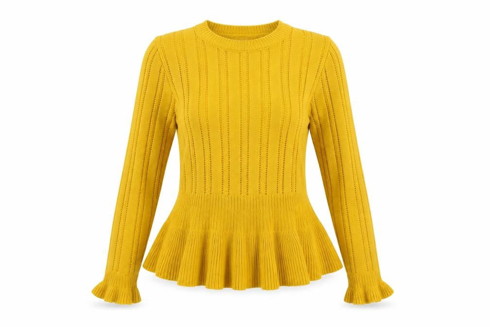 Front view of Miss Selfridge women’s yellow round neck acrylic jumper, size UK 10