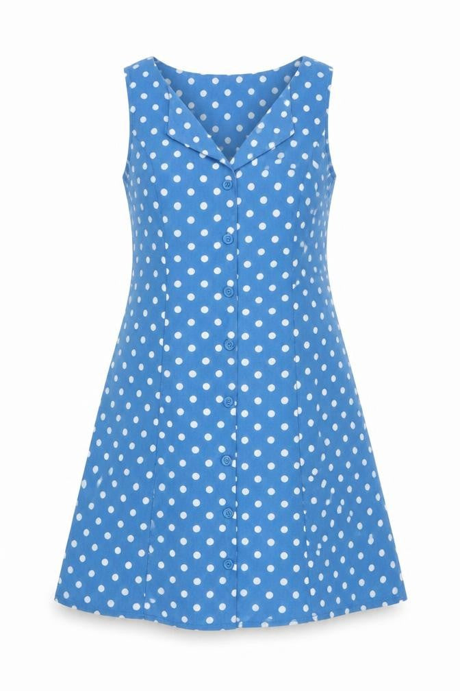 Rihoas Womens Blue Polka Dot Polyester A-Line Size S V-Neck Button