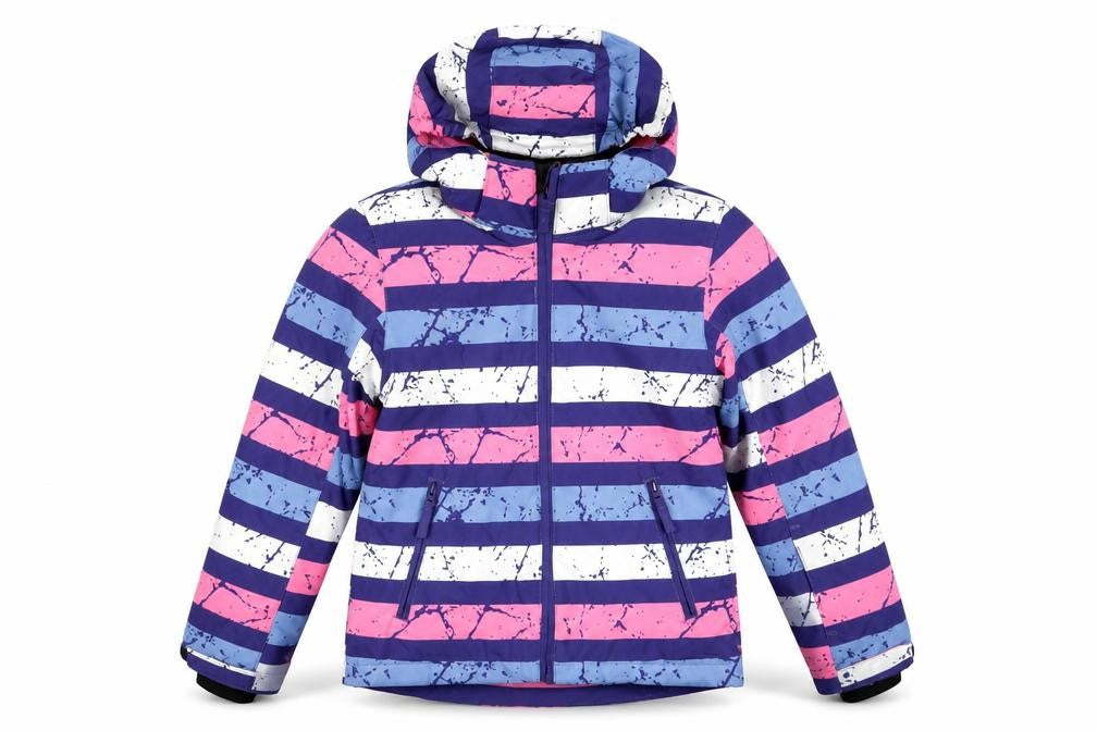 Front view of Crane girls’ multicoloured striped ski jacket jacket, size 7-8, years zip - technical outdoors waterproof