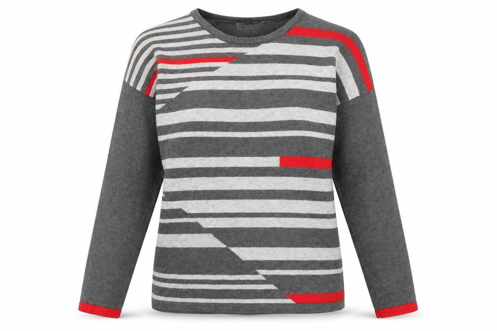 Front view of Alexara women’s grey crew neck striped viscose jumper, size M