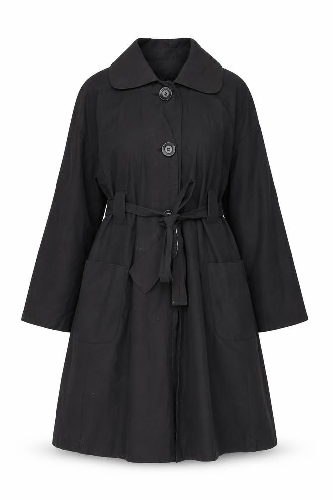 Front view of Betty Jackson women’s black trench coat coat, size UK 12, button