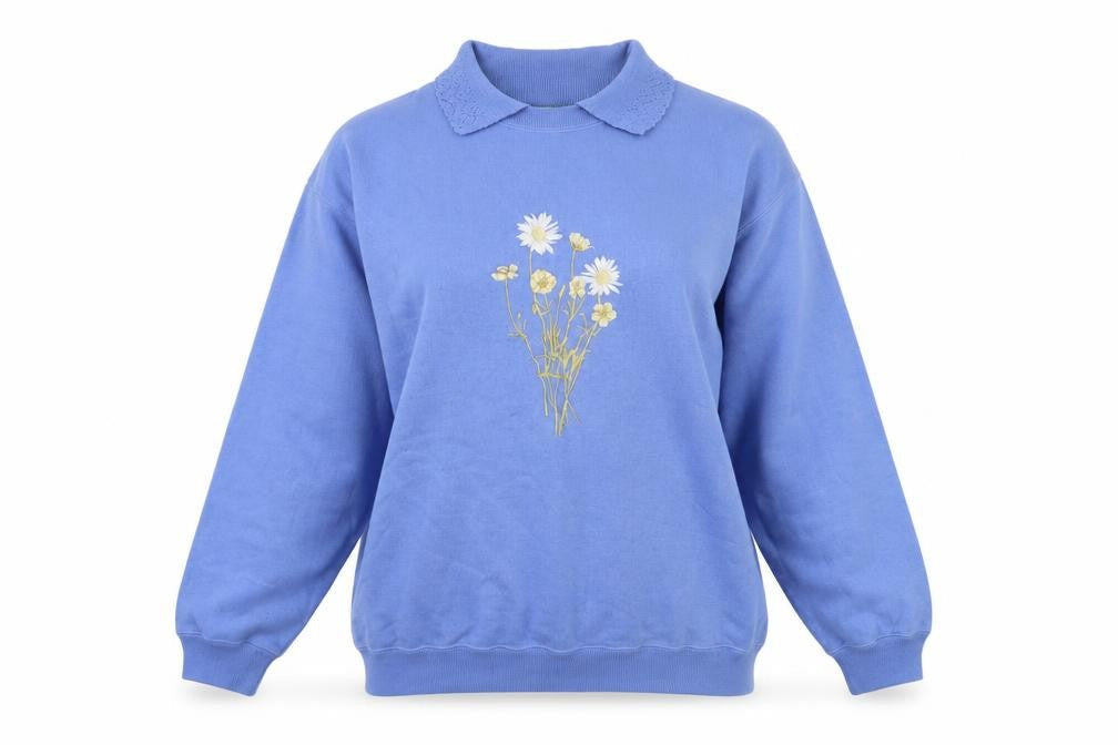 Front view of Country Scene women’s blue acrylic pullover sweatshirt, size M, pullover