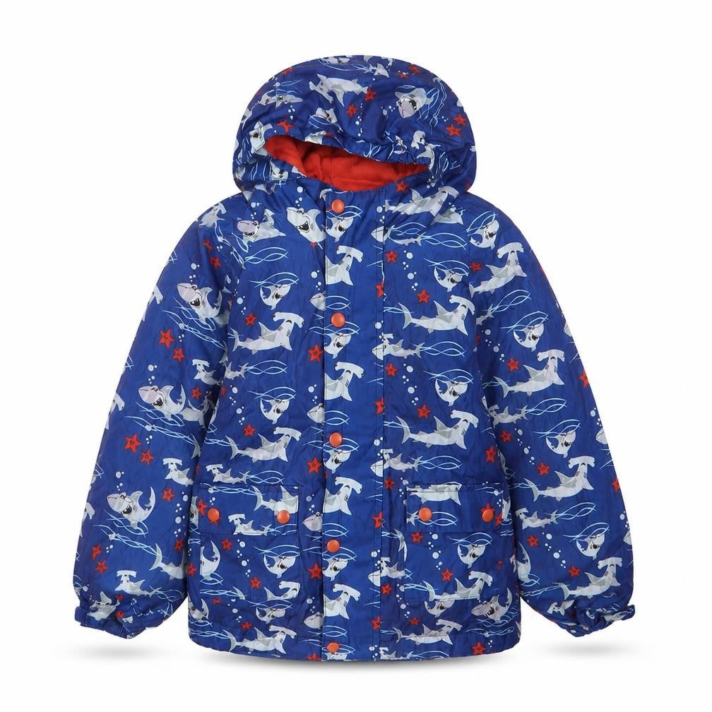 Front view of Target Dry boys’ blue geometric jacket, size 2-3, years zip - sharks