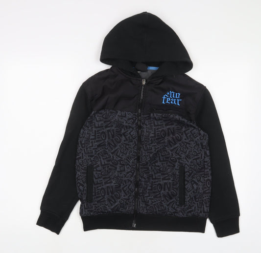 No Fear Boys Black Geometric Cotton Full Zip Hoodie Size 13 Years Zip - Logo, Embroidered