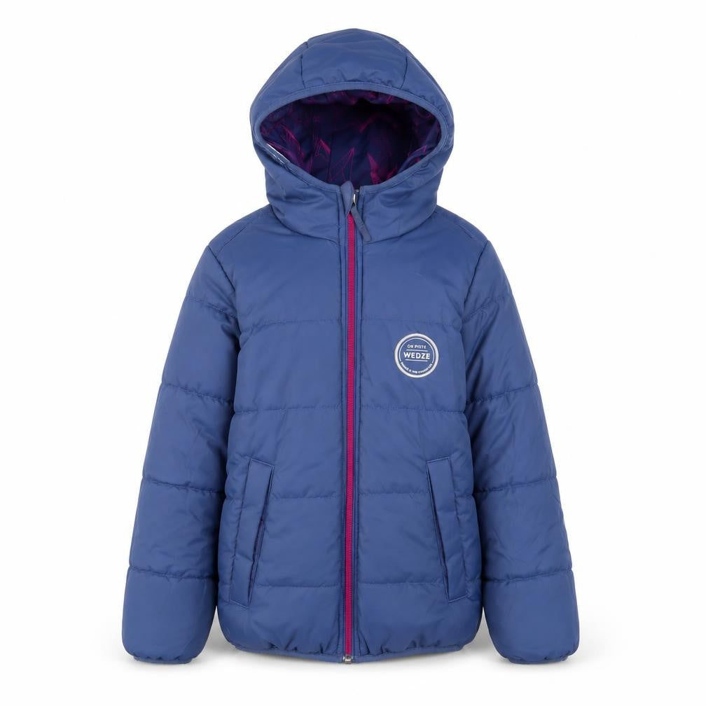 Front view of Wedze girls’ blue basic coat coat, size 6, years zip