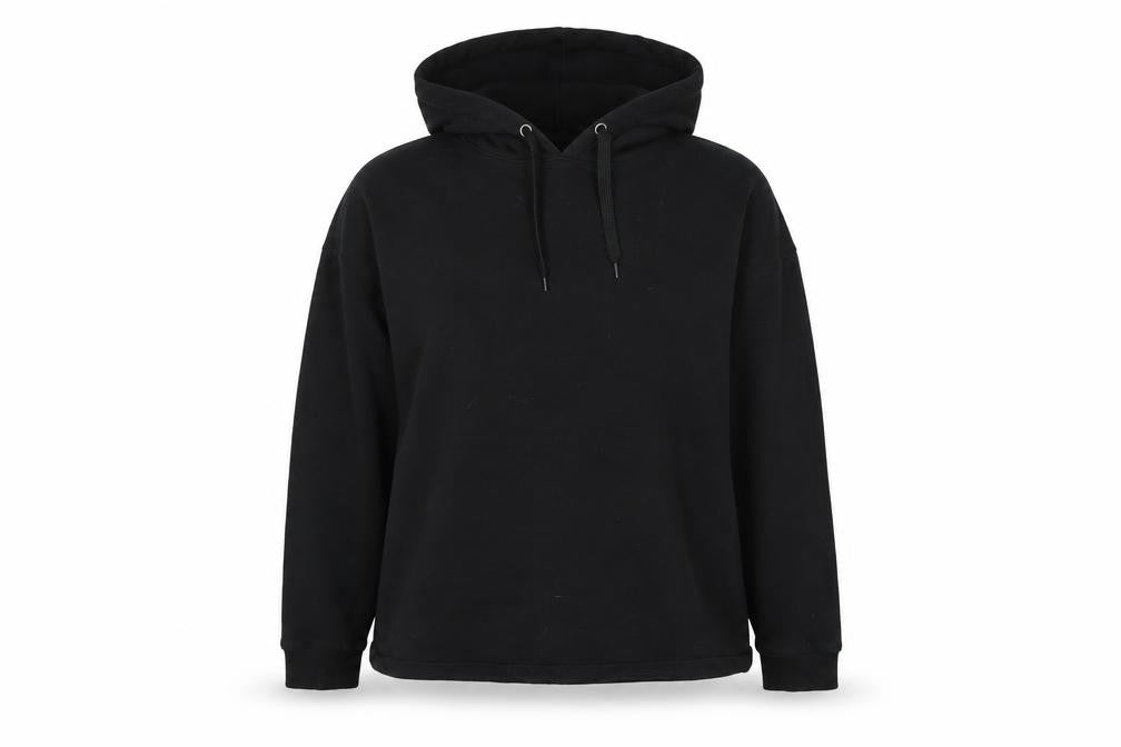 Front view of ASOS women’s black polyester pullover hoodie, size UK 8