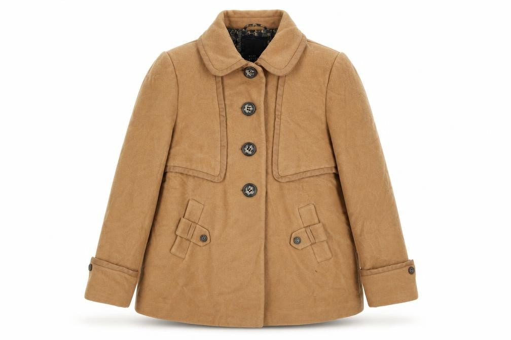 Front view of Betty Jackson Black women’s beige pea coat coat, size UK 18, button