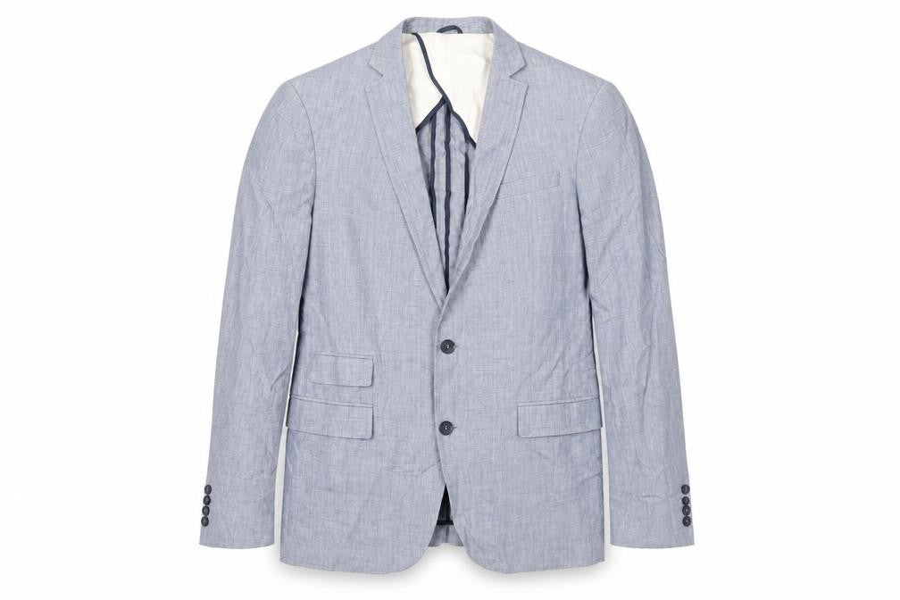 Front view of French Connection men’s blue linen jacket blazer, size 40, regular