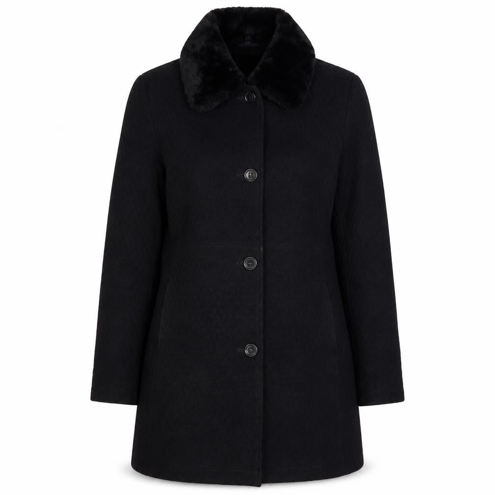 Front view of Gallery women’s black overcoat coat, size M, button