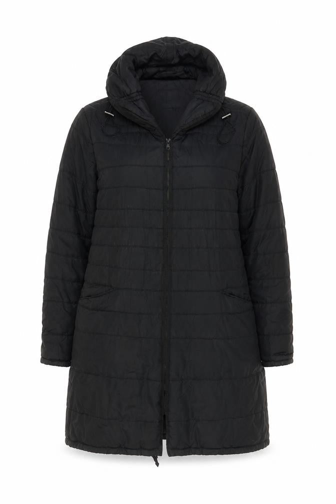 Front view of Principles women’s black quilted coat, size UK 14, zip
