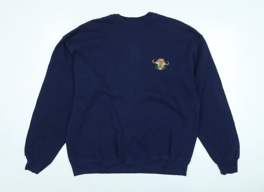 Haines Mens Blue Cotton Pullover Sweatshirt Size XL - Bull Logo