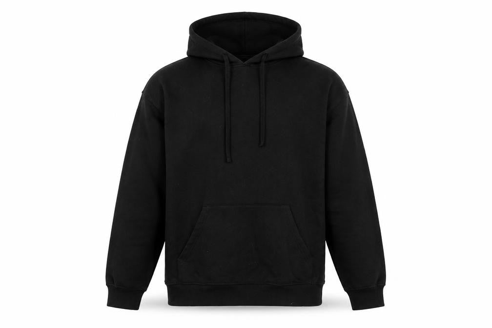 Front view of boohooMAN men’s black cotton pullover hoodie, size M, - pockets chicago