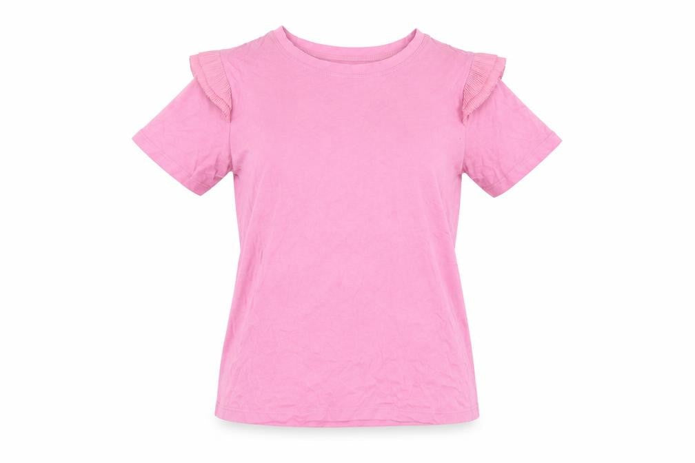Zara Womens Pink Cotton Basic T-Shirt Size M Crew Neck - Ruffle Detail