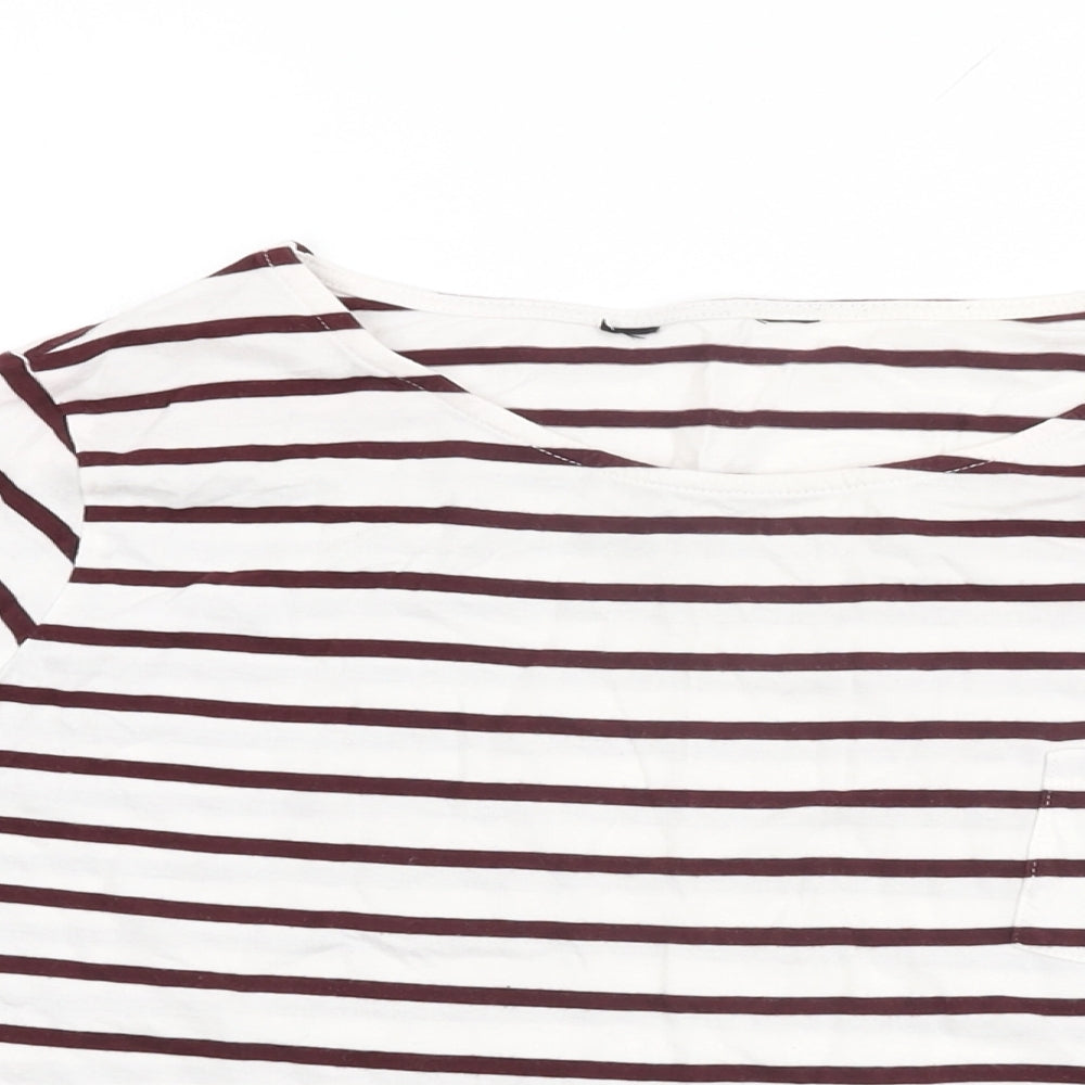 New Look Womens White Striped Cotton Basic T-Shirt Size 10 Round Neck
