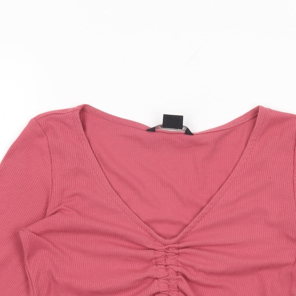 Monki Womens Pink Polyester Basic T-Shirt Size XS V-Neck
