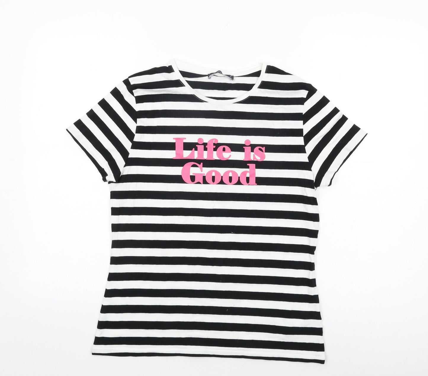 Marks and Spencer Womens White Striped Cotton Basic T-Shirt Size 14 Round Neck - Life is Good