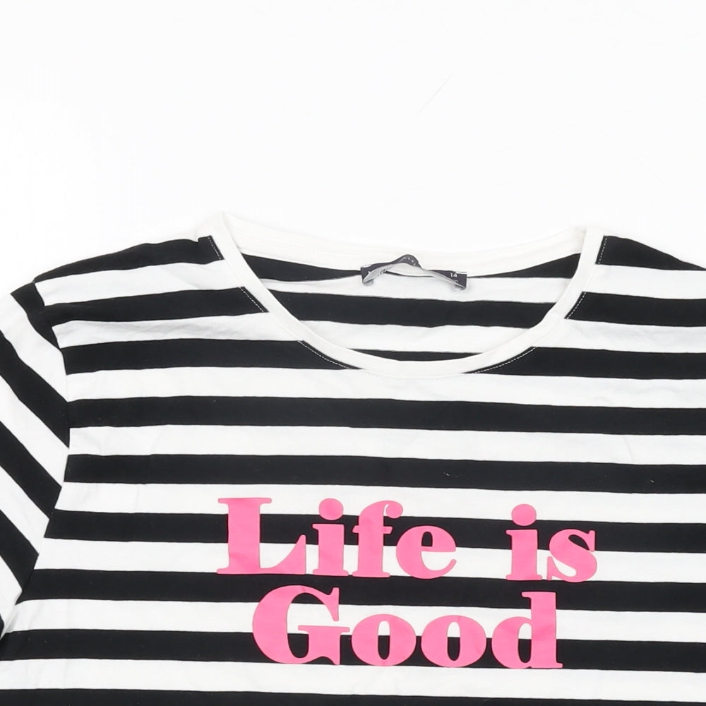 Marks and Spencer Womens White Striped Cotton Basic T-Shirt Size 14 Round Neck - Life is Good