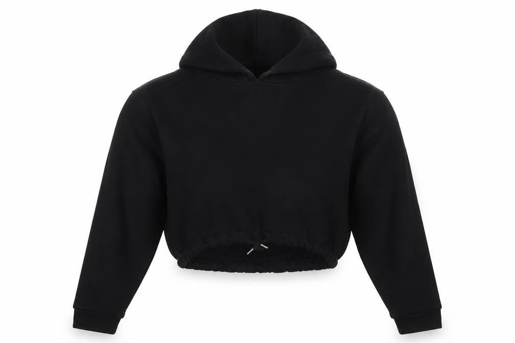 Front view of COS women’s black polyester pullover hoodie, size S, pullover