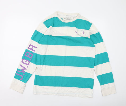 Jack Wills Mens Green Striped Cotton T-Shirt Size S Round Neck