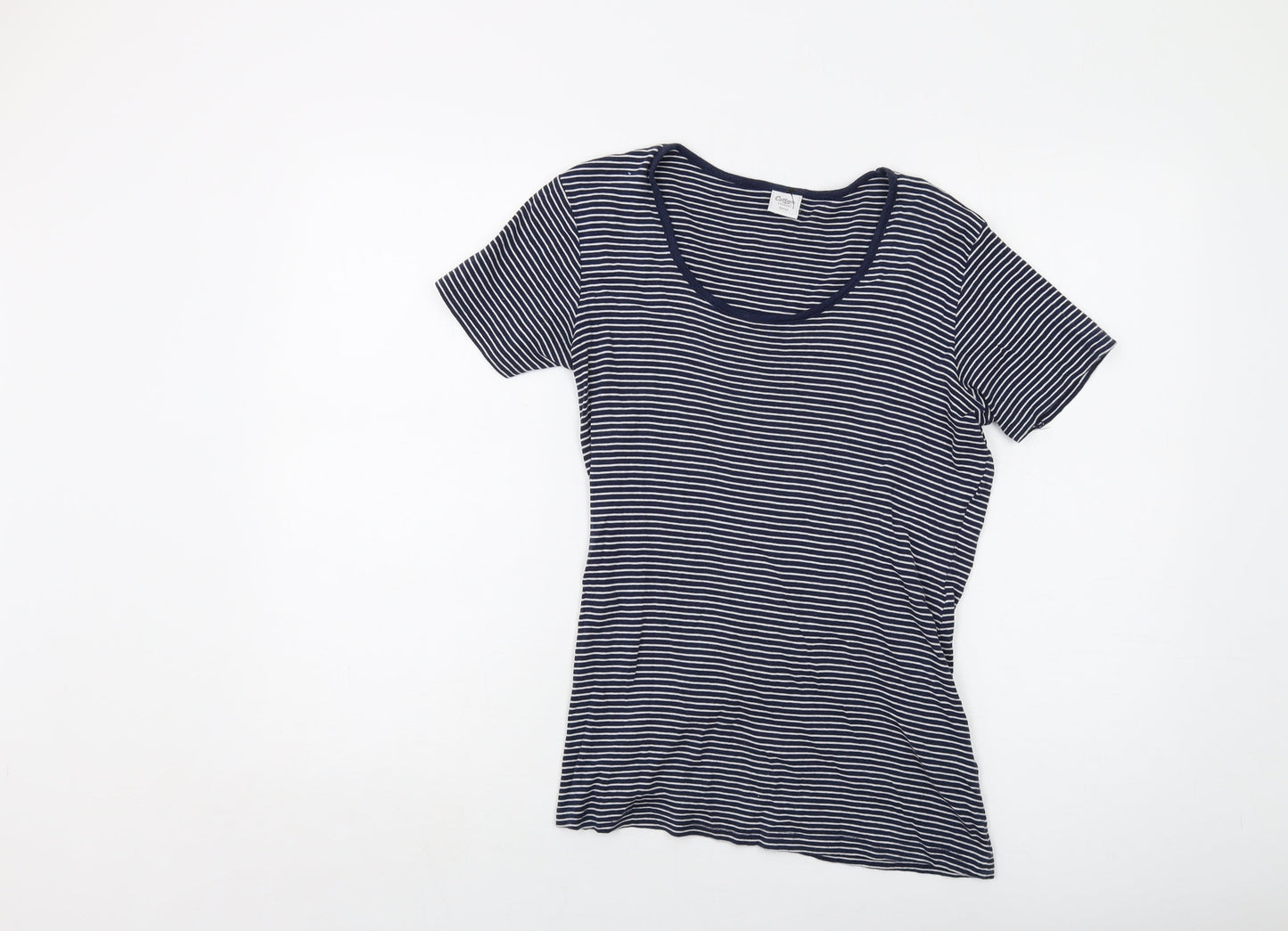 Cotton Traders Womens Blue Striped Cotton Basic T-Shirt Size 10 Round Neck