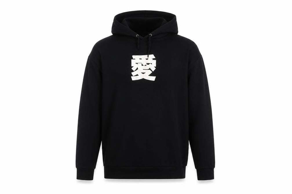 Front view of ASOS men’s black cotton pullover hoodie, size L