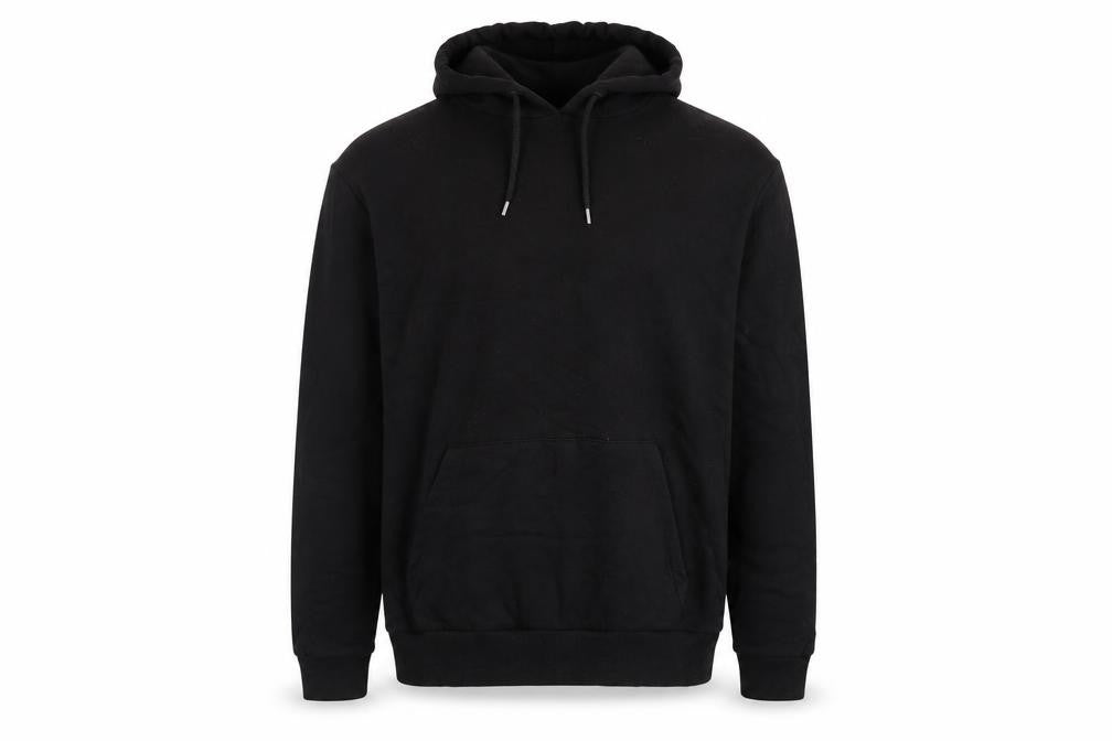 Front view of ASOS men’s black cotton pullover hoodie, size L, - pockets