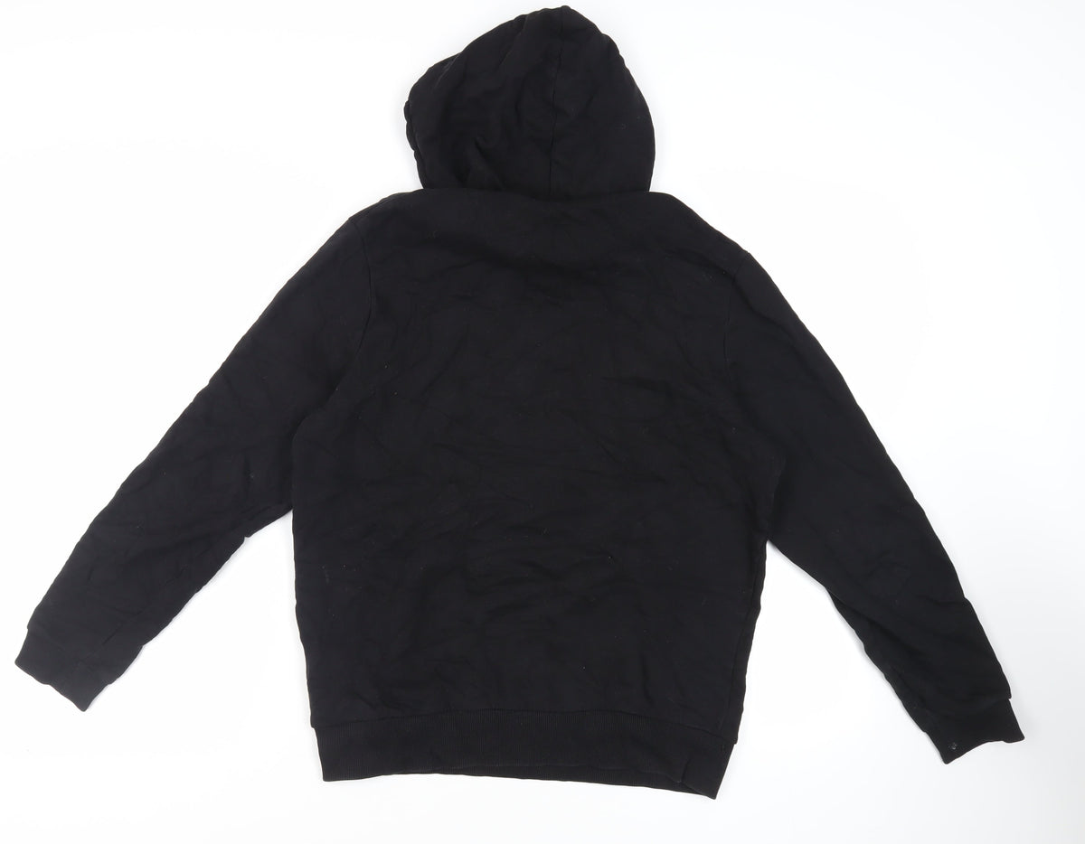 Back view of ASOS men’s black cotton pullover hoodie, size L, - pockets