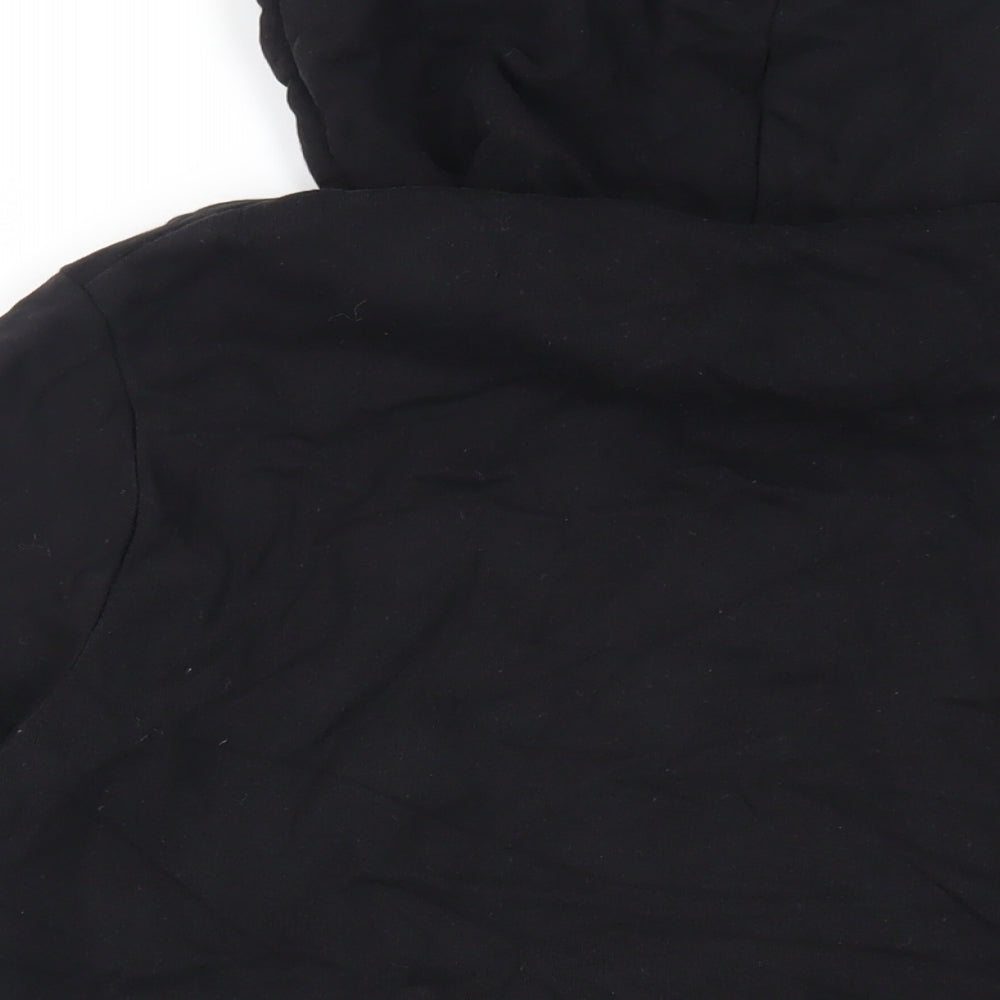 Brand and care label for ASOS men’s black cotton pullover hoodie, size L, - pockets