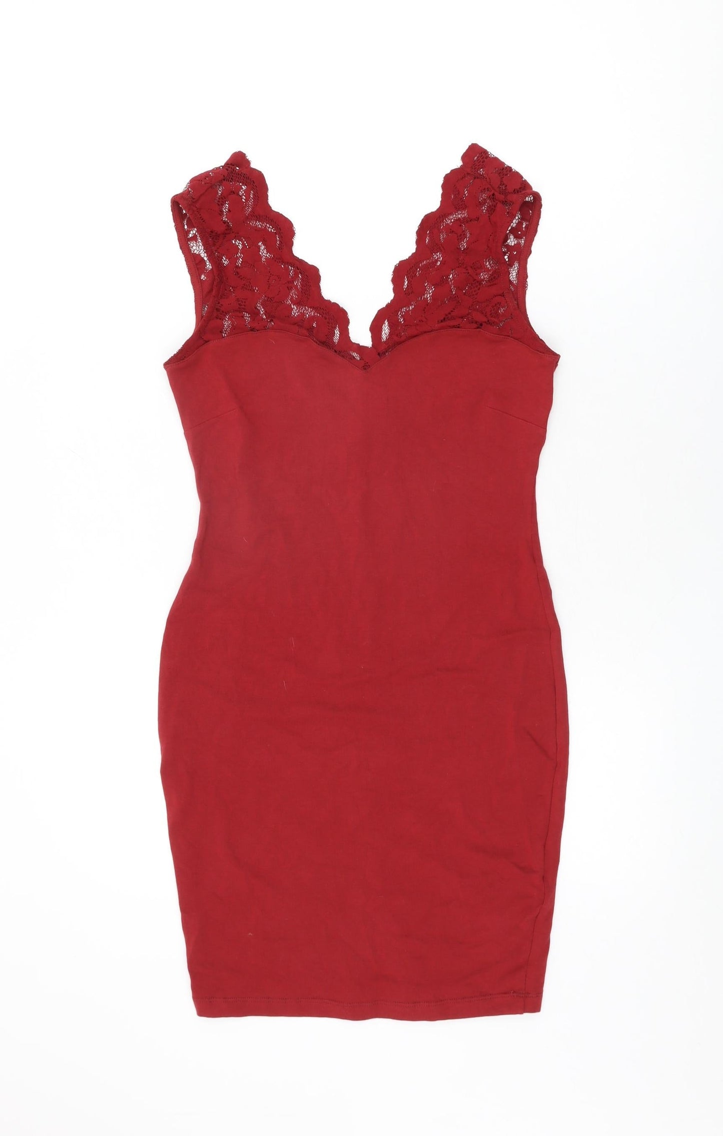 H&M Womens Red Cotton Bodycon Size S V-Neck Pullover